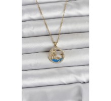 316L Çelik Zincir Gold Renk Zirkon Taşlı Deniz Temalı Kadın Kolye - TJ-BKO11032