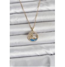 316L Çelik Zincir Gold Renk Zirkon Taşlı Deniz Temalı Kadın Kolye - TJ-BKO11032