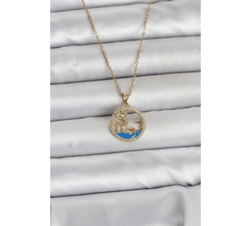 316L Çelik Zincir Gold Renk Zirkon Taşlı Deniz Temalı Kadın Kolye - TJ-BKO11032