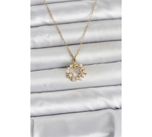 316L Çelik Zincir Gold Renk İncili Çiçek Model Kadın Koyle - TJ-BKO11034