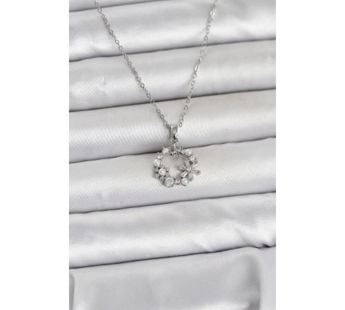 316L Çelik Zincir Gümüş Renk İncili Çiçek Model Kadın Koyle - TJ-BKO11035