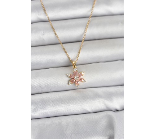 316L Çelik Zincir Gold Renk Pembe Lotus Model Kadın Kolye - TJ-BKO11040