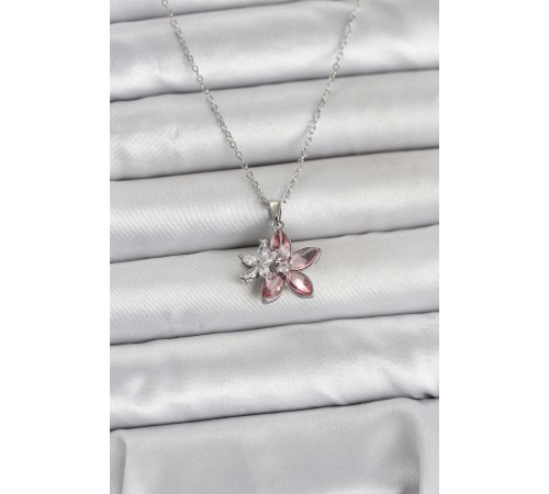 316L Çelik Zincir Gümüş Renk Pembe Lotus Model Kadın Kolye - TJ-BKO11041