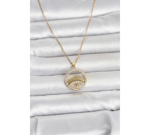 316L Çelik Gold Renk Zirkon Taşlı Göz Model Kadın Kolye - TJ-BKO11046