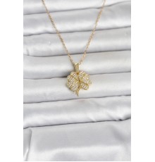 316L Çelik Gold Renk Açılabilir Yonca Model Zirkon Taşlı Kadın Kolye - TJ-BKO11048