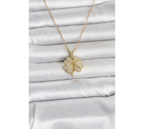 316L Çelik Gold Renk Açılabilir Yonca Model Zirkon Taşlı Kadın Kolye - TJ-BKO11048
