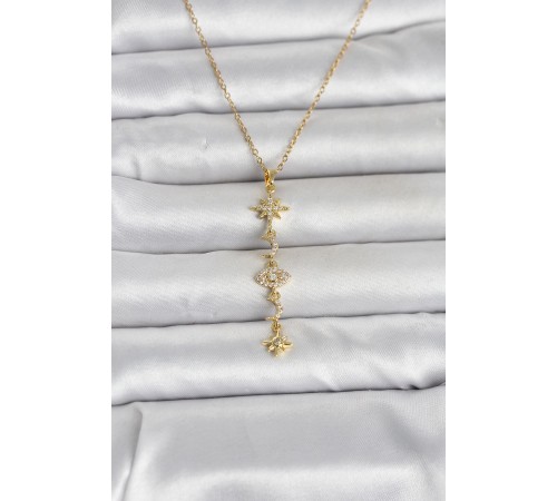 316L Çelik Gold Renk Kutup Yıldızı Y Model Zirkon Taşlı Kadın Kolye - TJ-BKO11049