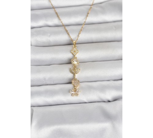 316L Çelik Gold Renk Şans Kolyesi Y Model Zirkon Taşlı Kadın Kolye - TJ-BKO11050
