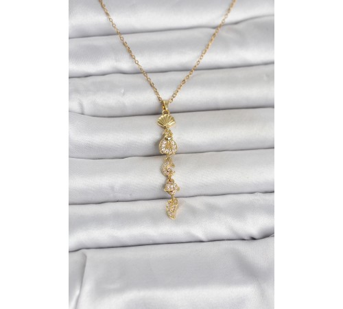 316L Çelik Gold Renk Deniz Temalı Y Model Zirkon Taşlı Kadın Kolye - TJ-BKO11051