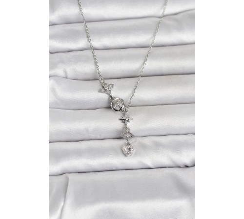 316L Çelik Gümüş Renk Zirkon Taşlı Y Kadın Kolye - TJ-BKO11052