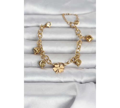 316L Çelik Gold Renk Yonca ve Dorikalı Kadın Bileklik - TJ-BB8387