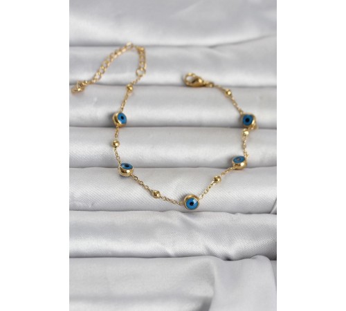 316L Çelik Gold Renk Top Zincirli Nazarlı Kadın Bileklik - TJ-BB8388