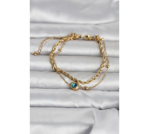 316L Çelik Gold Renk Burgu Zincir ve Nazarlı Kadın Bileklik - TJ-BB8389