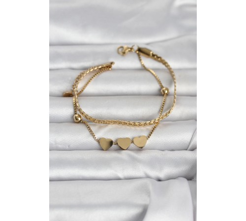 316L Çelik Gold Renk Ezme Zincir ve Kalpli Kadın Bileklik - TJ-BB8390