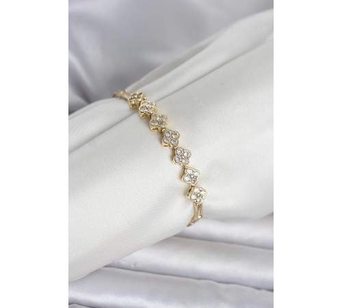 Pirinç Gold Renk Yonca Model Zirkon Taşlı Kadın Bileklik - TJ-BB8399