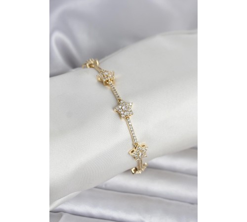 Pirinç Gold Renk Yıldız Model Zirkon Taşlı Kadın Bileklik - TJ-BB8410