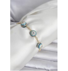 Pirinç Gold Renk Nazarlı Model Zirkon Taşlı Kadın Bileklik - TJ-BB8418