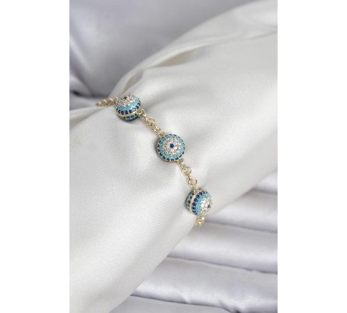 Pirinç Gold Renk Nazarlı Model Zirkon Taşlı Kadın Bileklik - TJ-BB8418