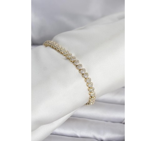 Pirinç Gold Renk Kalp Model Sıralı Zirkon Taşlı Kadın Bileklik - TJ-BB8423