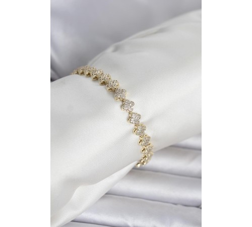 Pirinç Gold Renk Yonca Model Sıralı Zirkon Taşlı Kadın Bileklik - TJ-BB8427