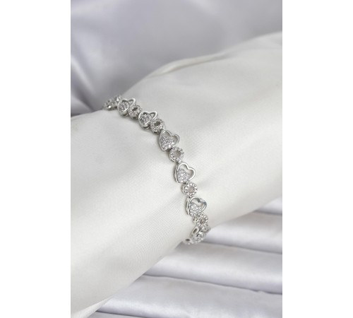 Pirinç Gümüş Renk Zirkon Taşlı Kalp Model Kadın Bileklik - TJ-BB8430