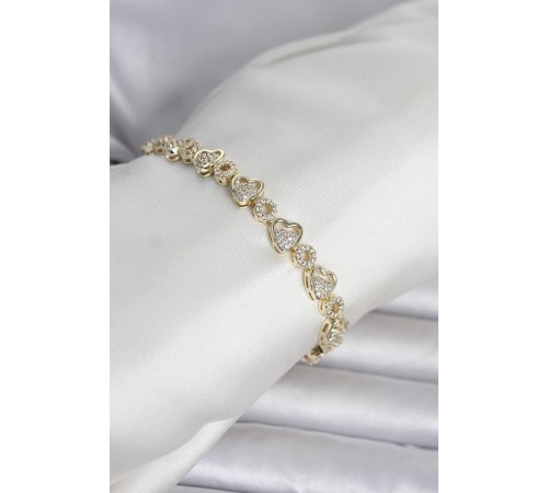 Pirinç Gold Renk Zirkon Taşlı Kalp Model Kadın Bileklik - TJ-BB8431