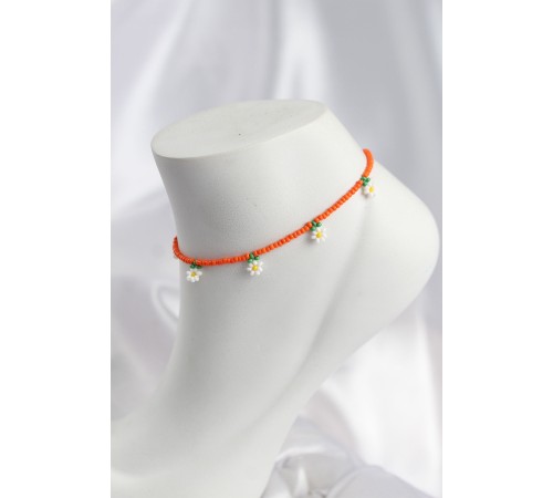 Turuncu Renk Boncuklu Papatya Motifli Halhal - TJ-HH1660