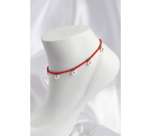 Kırmızı Renk Boncuklu Papatya Motifli Halhal - TJ-HH1664