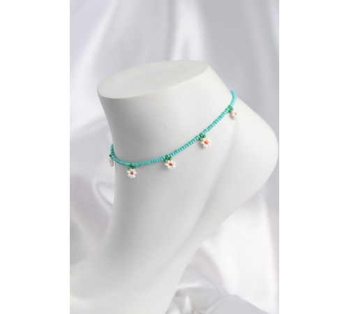 Turkuaz Renk Boncuklu Papatya Motifli Halhal - TJ-HH1667