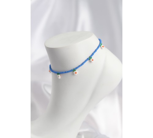 Buz Mavisi Renk Boncuklu Papatya Motifli Halhal - TJ-HH1669