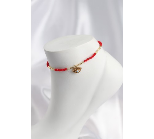 Kırmızı Renk Boncuklu Nazarlı Göz Figürlü Halhal - TJ-HH1680