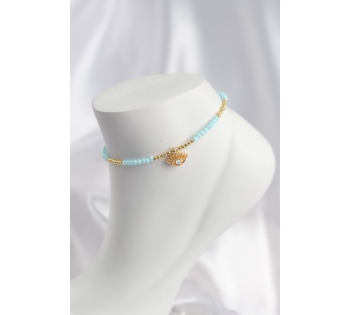 Turkuaz Renk Boncuklu Nazarlı Göz Figürlü Halhal - TJ-HH1681