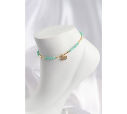 Su Yeşili Renk Boncuklu Nazarlı Göz Figürlü Halhal - TJ-HH1683