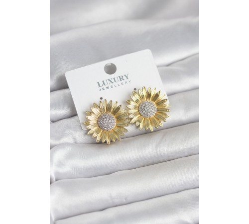 Papatya Model Zirkon Taşlı Pirinç Gold Renk Kadın Küpe - TJ-BKP11779