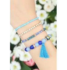 Mavi Boncuklu ve Püsküllü Bayan Çoklu Bileklik - TJ-BB1597