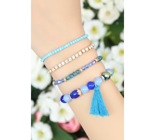 Mavi Boncuklu ve Püsküllü Bayan Çoklu Bileklik - TJ-BB1597