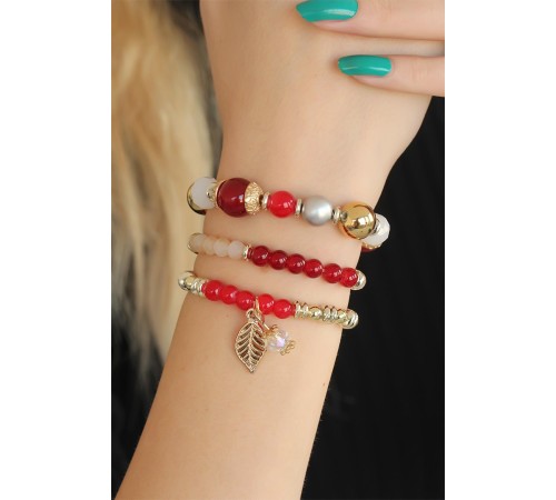 Bordo Kırmızı Boncuklu Bayan Bileklik - TJ-BB2650-KS