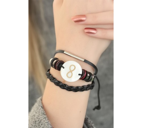 Siyah Renkli Sonsuzluk Tasarım Çoklu Deri Bayan Bileklik - TJ-BB2701-KS
