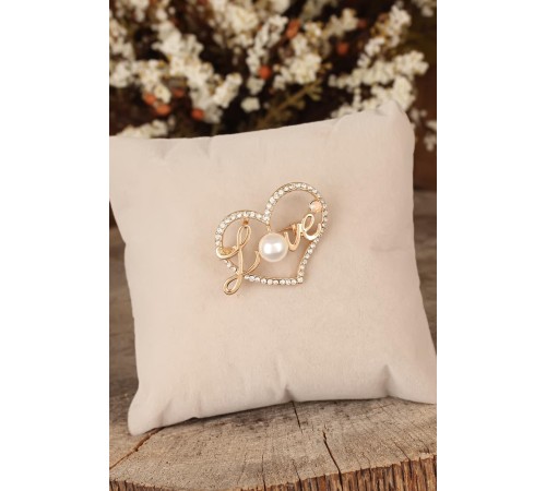 Zirkon Taşlı Love Yazılı Kalpli Broş - TJ-BRS194
