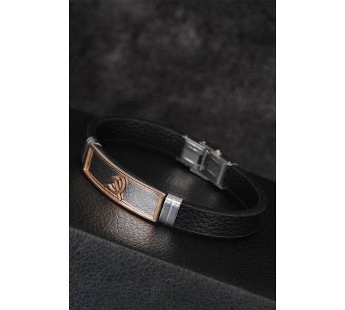 Rose Renk Orak Figürlü Metal Aksesuarlı Siyah Renk Deri Erkek Bileklik - TJ-EB1402