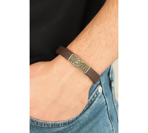 Eskitme Metal Zebra Aksesuarlı Kahverengi Deri Erkek Bileklik - TJ-EB2068-KS