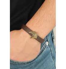 Eskitme Renk Metal Kartal Aksesuarlı Kahverengi Deri Erkek Bileklik - TJ-EB2091-KS