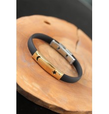 Gold Renk Metal Ay Yıldız Tasarım Siyah Renk Silikon Erkek Bileklik - TJ-EB2518-KS