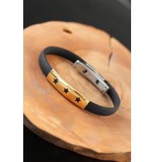 Gold Renk Çelik Yıldızlı Tasarım Siyah Renk Silikon Erkek Bileklik - TJ-EB2520-KS