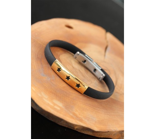 Gold Renk Çelik Yıldızlı Tasarım Siyah Renk Silikon Erkek Bileklik - TJ-EB2520-KS