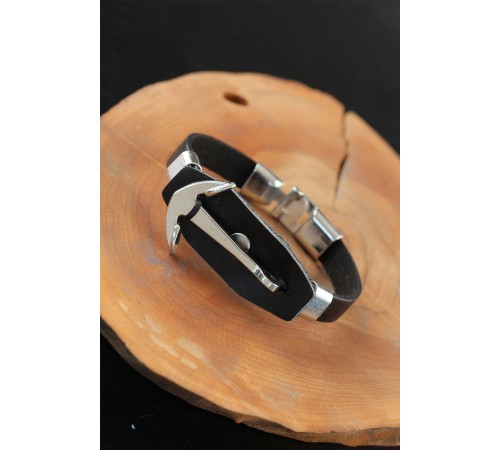 Deniz Çapalı Metal Aksesuarlı Siyah Renk Deri Erkek Bileklik - TJ-EB2535-KS