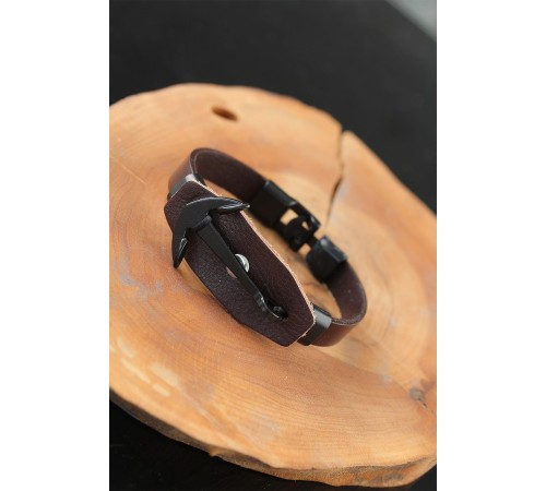 Siyah Deniz Çapalı Çelik Aksesuarlı Kahverengi Deri Erkek Bileklik - TJ-EB2537-KS