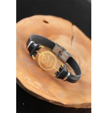 Gold Renk Elif Vav Metal Aksesuarlı Siyah Renk Deri Erkek Bileklik - TJ-EB2540-KS