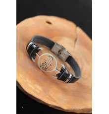 Silver Renk Fatma Ana Eli Metal Aksesuarlı Siyah Renk Deri Erkek Bileklik - TJ-EB2543-KS