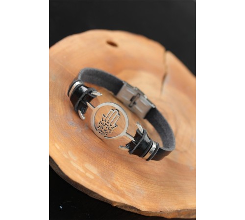 Silver Renk Fatma Ana Eli Metal Aksesuarlı Siyah Renk Deri Erkek Bileklik - TJ-EB2543-KS